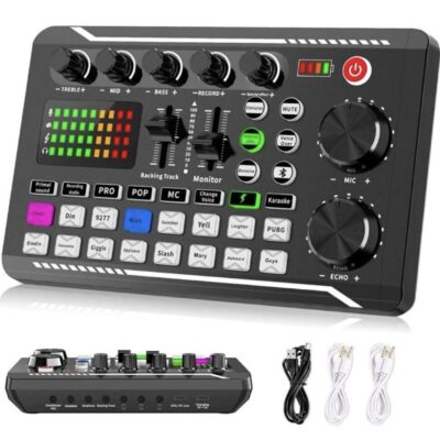 Multi-Function Podcast Audio Mixer] 7 volume knob adjustments and 2 fader button adjustments, covering bass, , treble, backing track and monitoring, etc.
